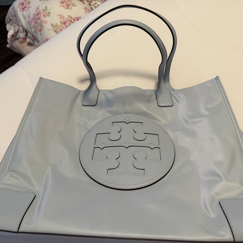 Tory Burch Pale Ice Blue Ella Nylon and Leather  Tote Bag in like-new condition